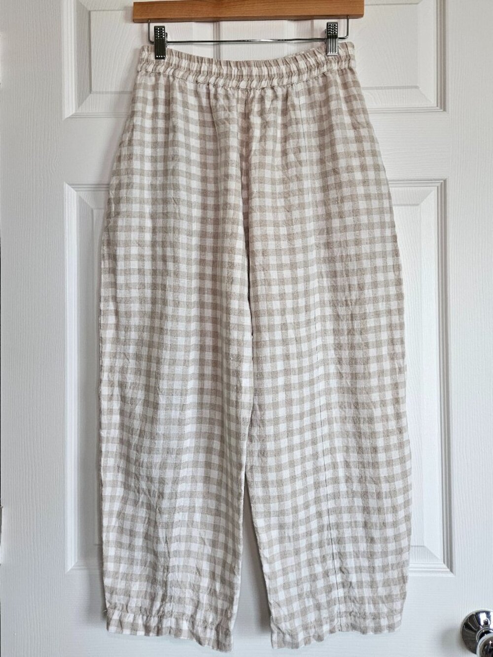 Beyond Nine - Mabel Beige Gingham Barrel Leg Linen Trousers - XXS